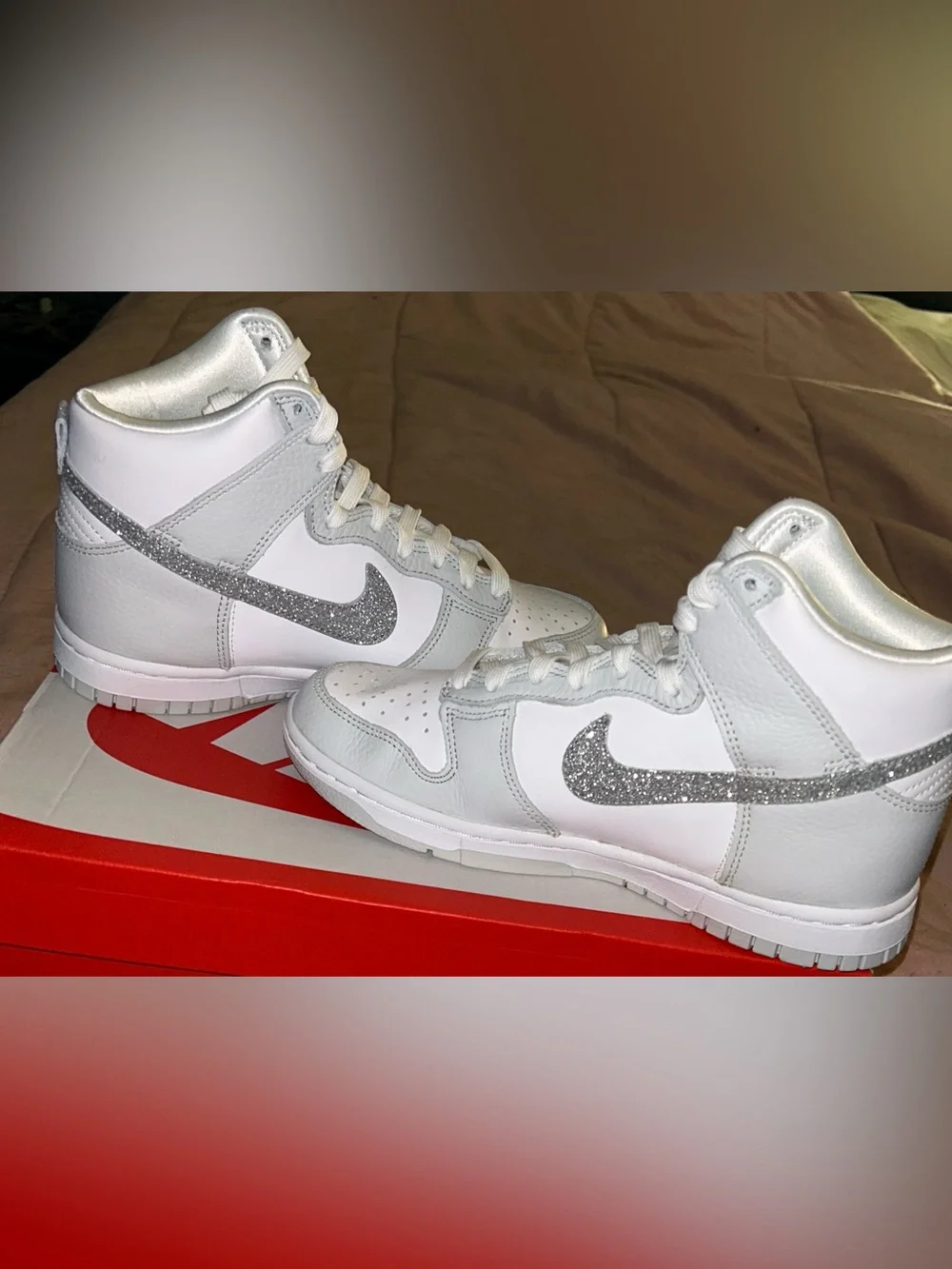 Nike White and Silver Glitter High-Top Sneakers